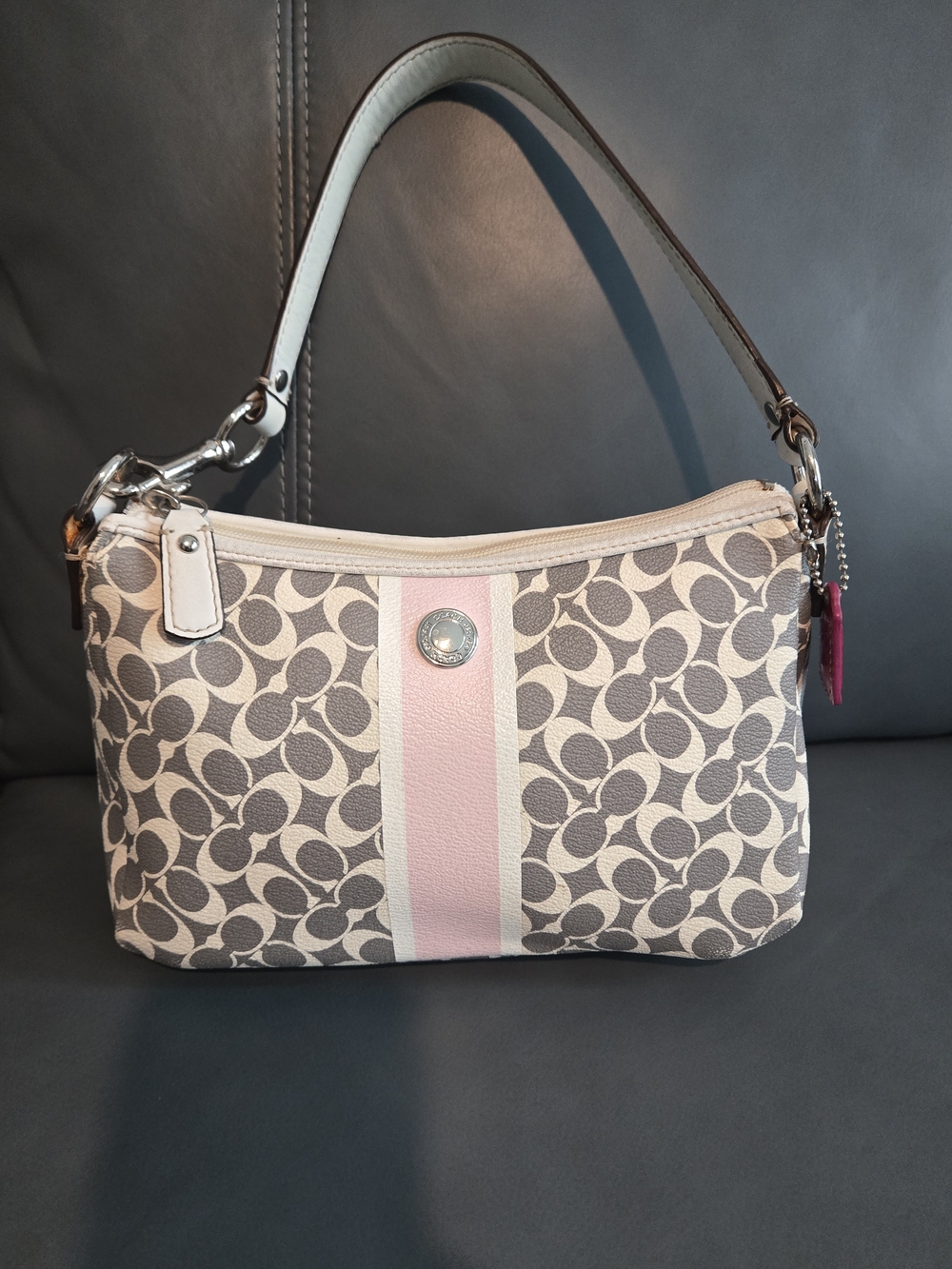 Coach Signature Mini Shoulder Bag Pink Stripe Baguette Purse Y2K